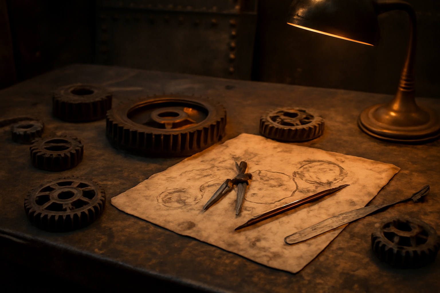 Meja kerja dengan komponen logam dan sketsa bertema dieselpunk