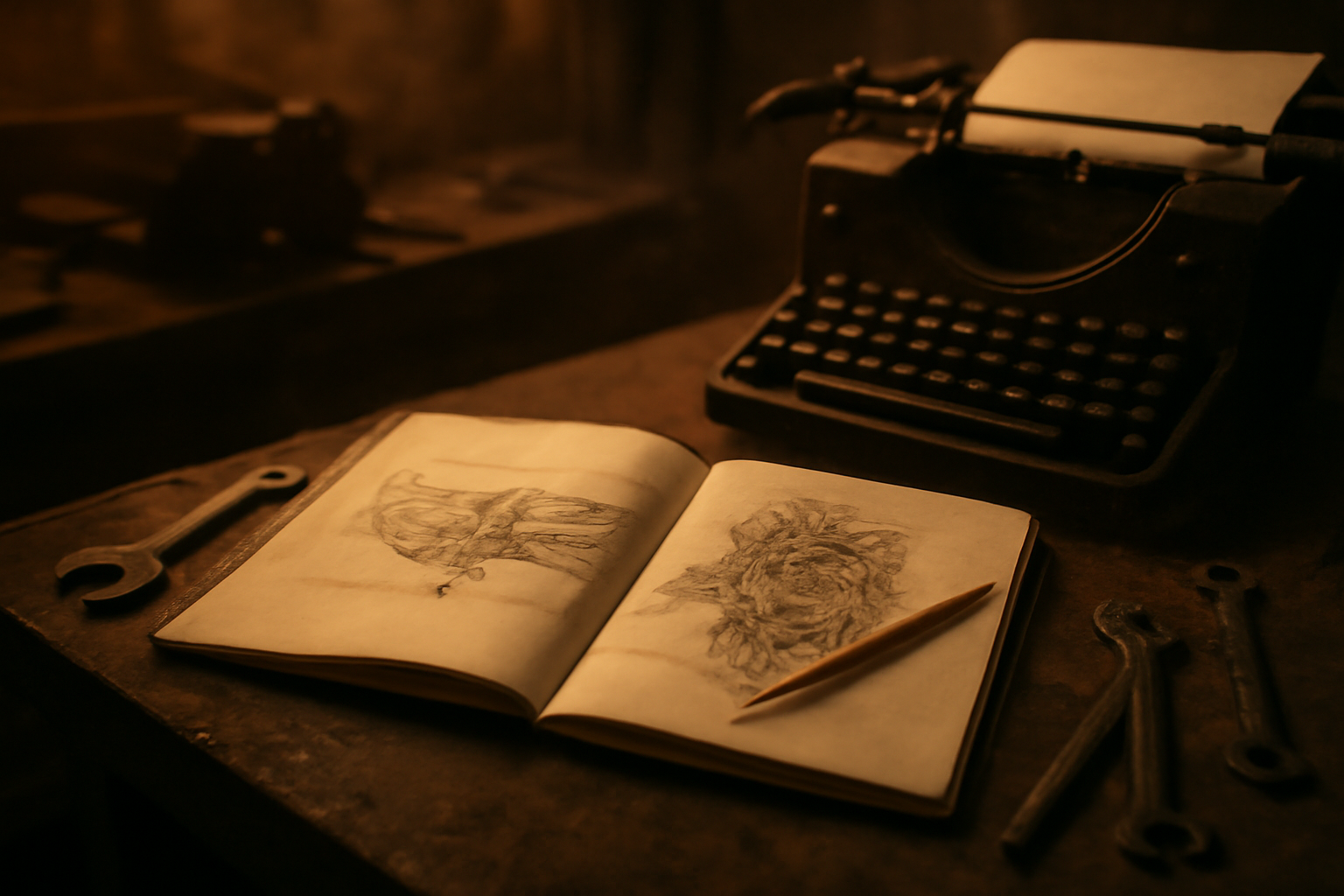 Meja kerja dengan buku catatan dan sketsa pesawat untuk menulis cerita dieselpunk