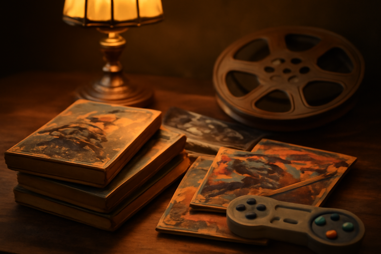 Meja dengan novel, komik, rol film, dan pengontrol gim bertema dieselpunk
