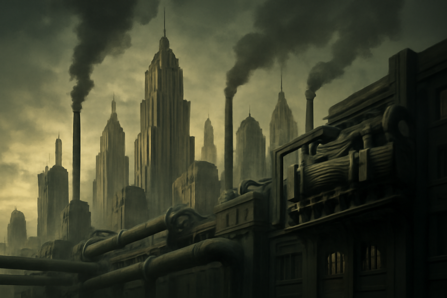 Kota retro-futuristik dengan gedung art deco dan mesin diesel besar dalam gaya dieselpunk