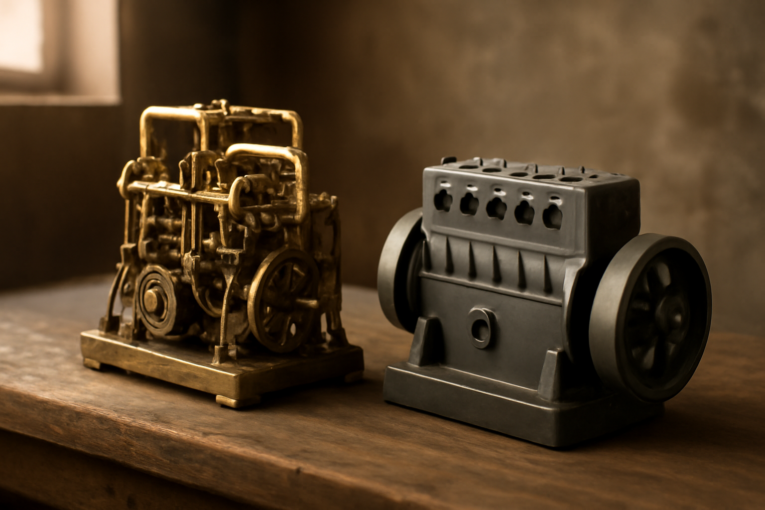 Dua model mesin bergaya steampunk dan dieselpunk berdampingan di meja kerja kayu
