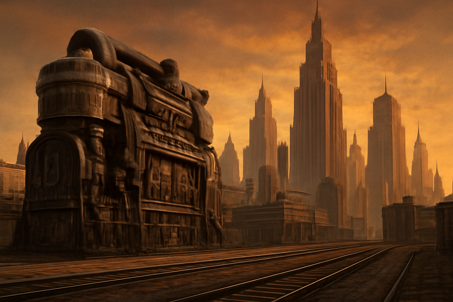 Ilustrasi kota retro-futuristik dengan mesin diesel besar dan gedung art deco bernuansa dieselpunk