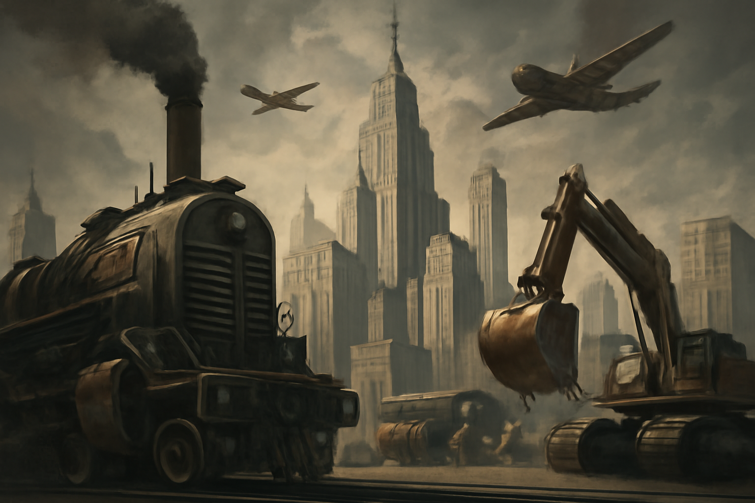 Pemandangan kota retro-futuristik dengan mesin diesel dan gedung art deco bergaya dieselpunk