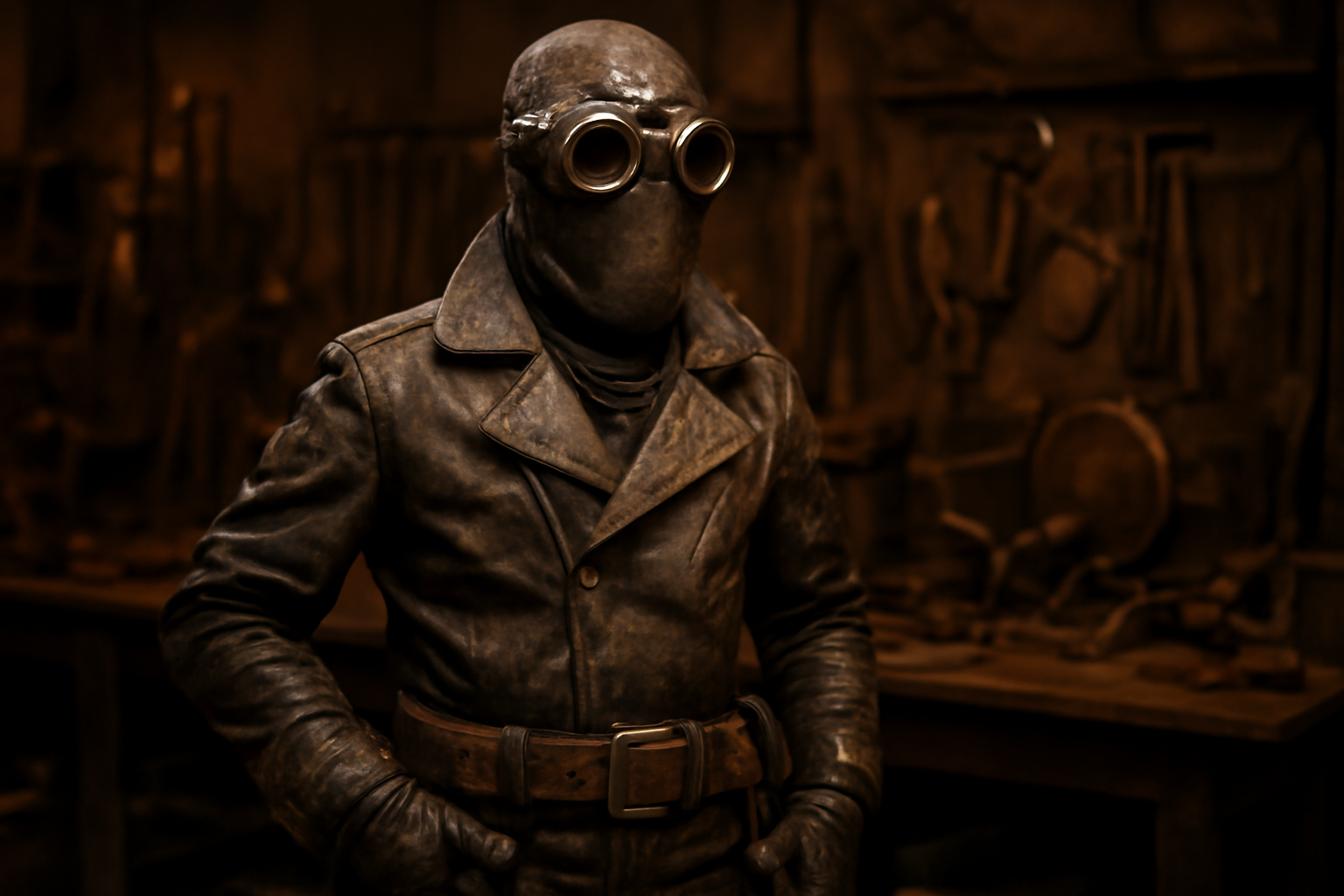 Seseorang mengenakan kostum dieselpunk buatan sendiri dengan jaket kulit dan kacamata aviator di bengkel.